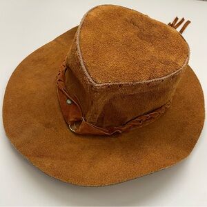 70s Vintage Suede Western Hat Braided Tassel Tan Outback